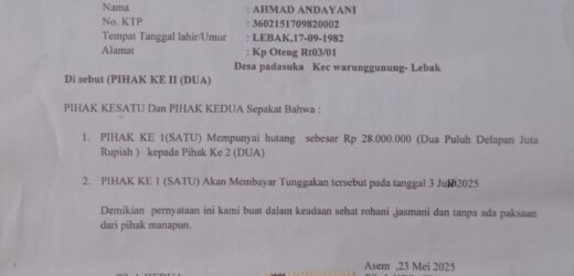 Diduga Oknum Kades Desa Asem Kecamatan Cibadak  Ingkar Janji Membayarkan Hutang