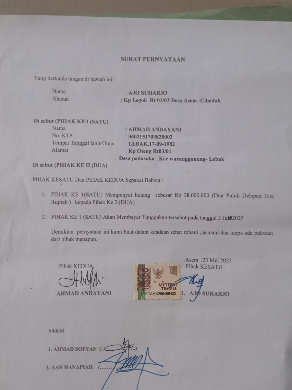 Diduga Oknum Kades Desa Asem Kecamatan Cibadak  Ingkar Janji Membayarkan Hutang
