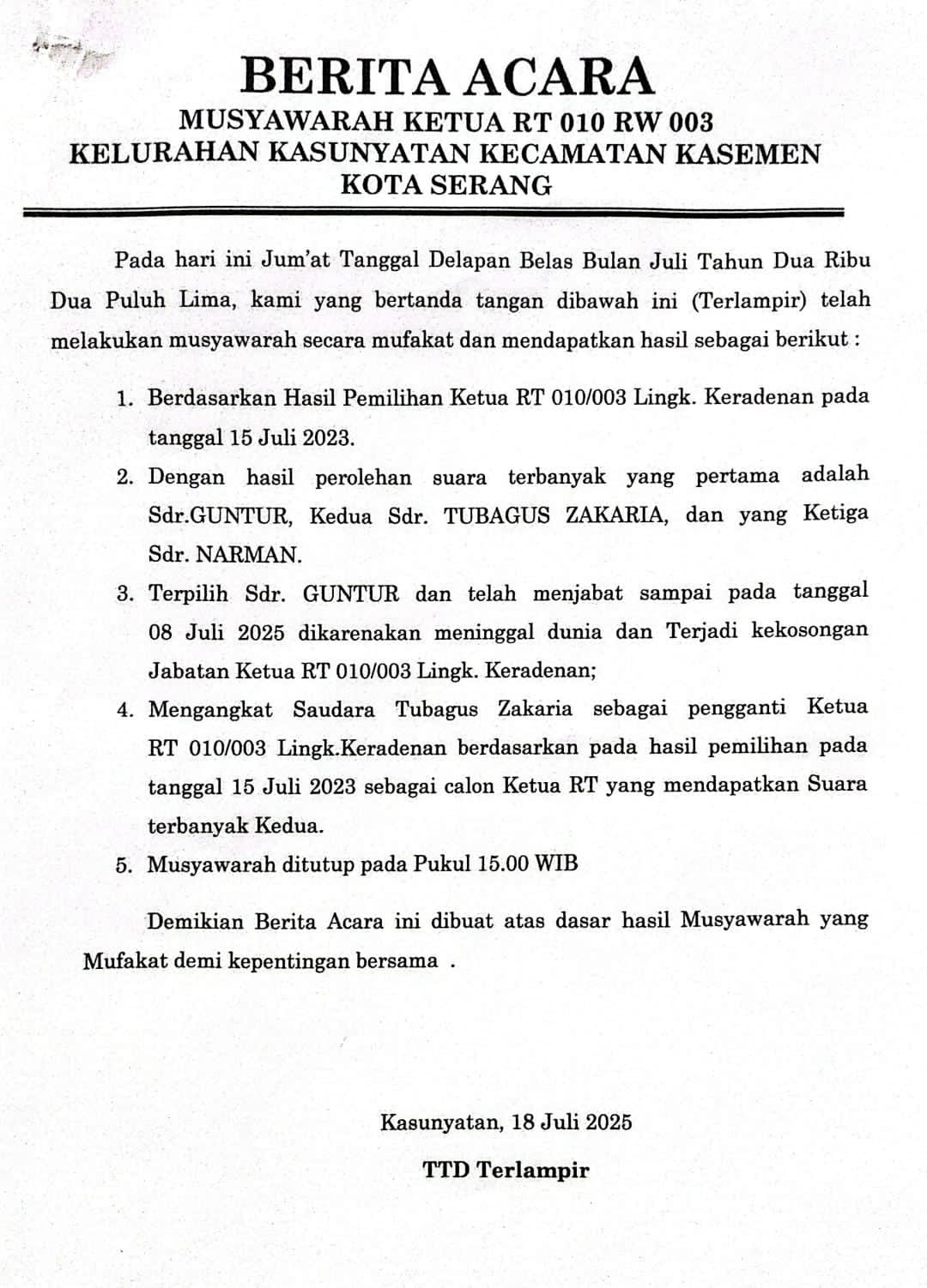 Lurah Kasunyatan Kota Serang Diduga Abaikan Hasil Musyawarah Mufakat Perihal BA Ketua RT