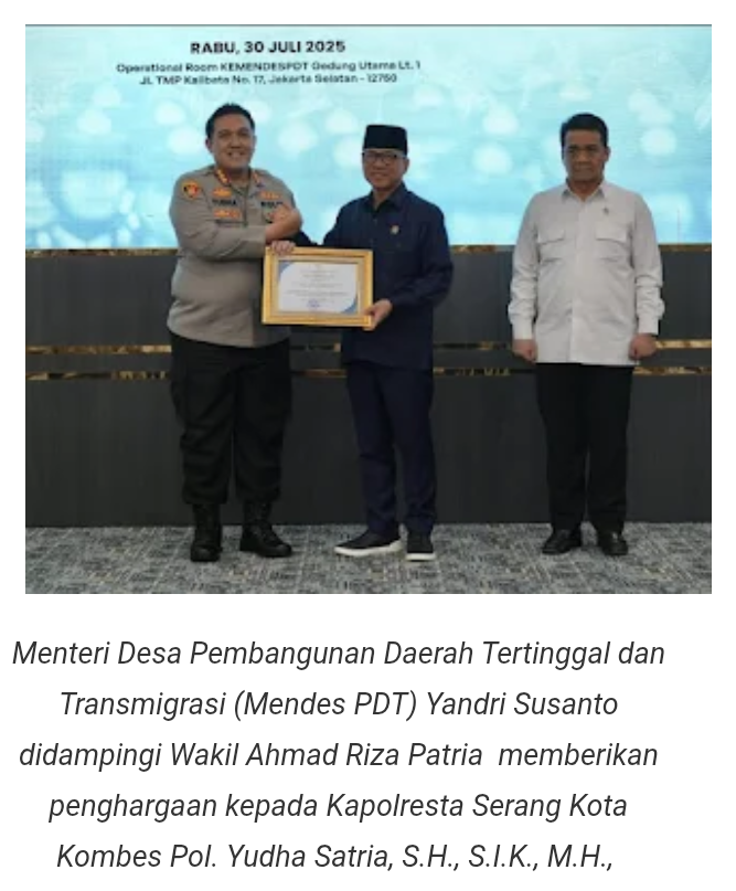 Kapolresta Serang Kota Menerima Penghargaan dari Menteri Desa Pembangunan Daerah Tertinggal