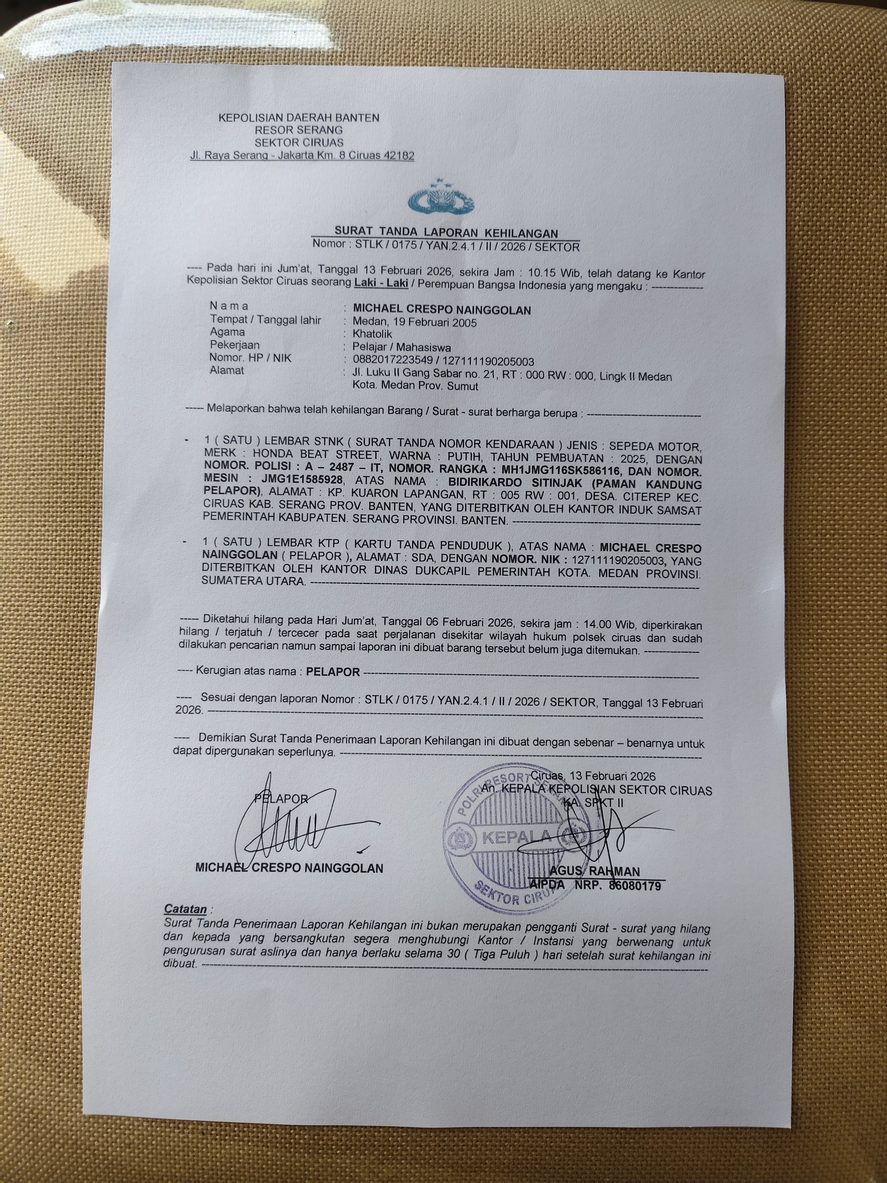 Telah Kehilangan STNK Motor: Bagi Yang Menemukan Diminta Hubungi Pemilik