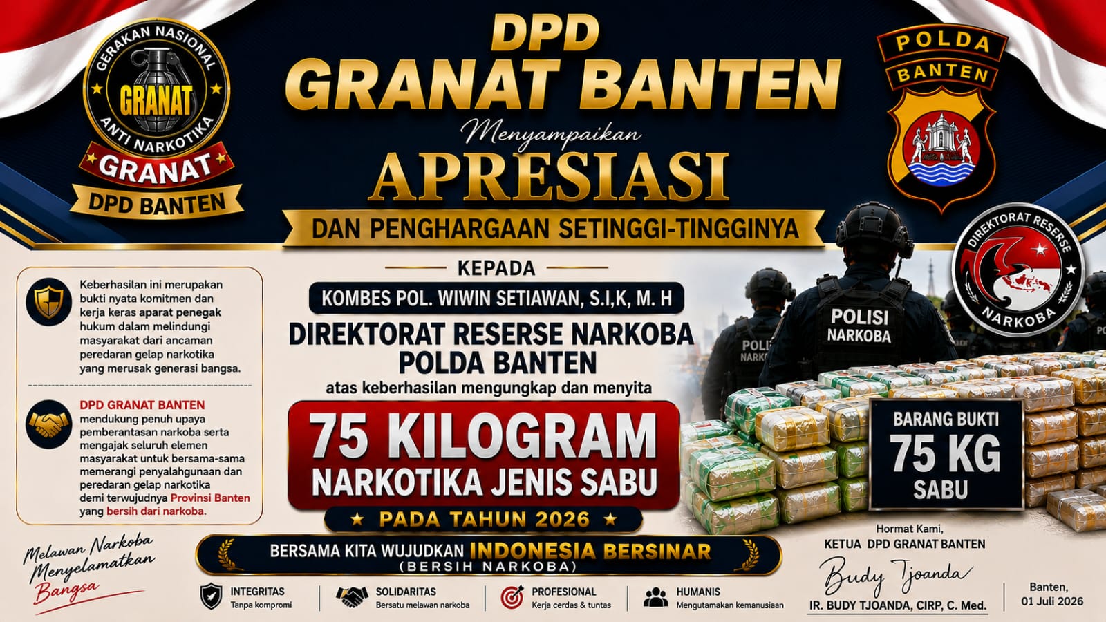Budi Tjoanda puji kinerja Ditresnarkoba Polda Banten bongkar peredaran 75 kg sabu